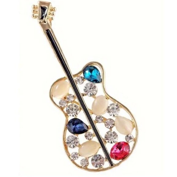 Guitar Brooch - Gold & Multi Colored Crystal Highlights - Picture 2 of 3